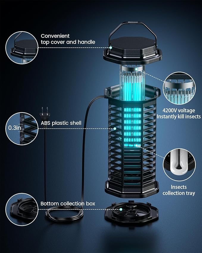Minimoon Bug Zapper Outdoor, 4200V Electric Mosquito Zapper Indoor, IPX4 Waterproof Insect Zapper Electric Fly Traps, 4Ft Cord, Insect Trap for Yard, Backyard, Patio, Camping