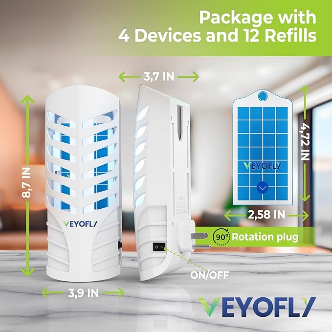 VEYOFLY Fruit Fly Traps for Indoors, Fly Trap Indoor, (4 Device + 12 Refills) Fly Catcher Indoor, Gnat Traps for House Indoor, Fly Trap, Plug in Light Flying Insect Trap, Bug Killer