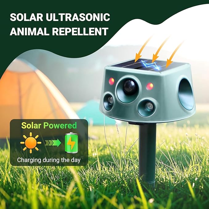 Solar Ultrasonic Animal Repellent, Waterproof Deer Repellent Devices with Motion Detection, 3 Mode, Cat Repellent Outdoor Squirrel Skunk Rabbit Raccoon Dog Mouse Deterrents Repeller for Yard Patio