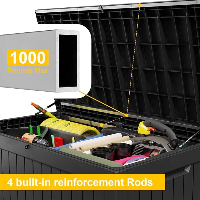 ROJIK Outdoor Storage Housing Deck Box - Waterproof Patio Furniture, Garden Tools, Cushions, Pool Accessories Storage Bench with Lockable Lid and Side Handles (Black 238 Gal)