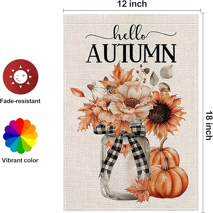 Fall Garden Flag 12 x 18 Inch Double Sided Hello Pumpkin Sunflower Maple Leaves Designs Autumn Burlap Yard Flag for Outside Rustic Yard Outdoor Holiday Home Decoration