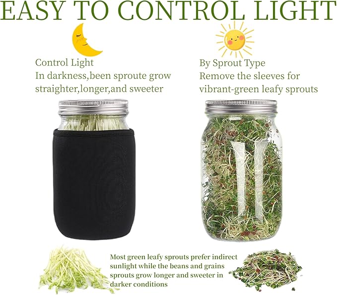 Lulonpon Sprouting Kit, One Pieces Seed Sprouting Jar Kit, Wide Mouth Quart Mason Jars with 304 Stainless Steel Screen Sprout Lids,86mm Caliber with Tray,Stand,Shading Bag and Brush,for Bean Sprouts