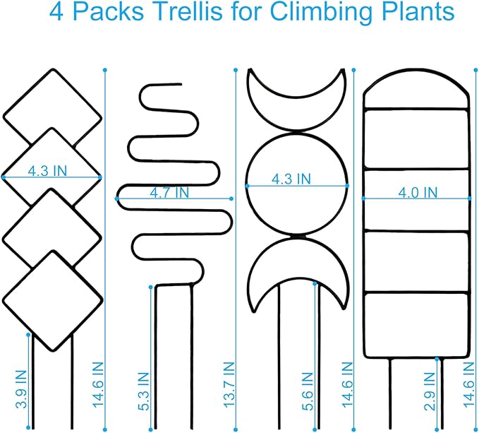 4 Packs Trellis for Climbing Plants Indoor, HENABLE Small Garden Metal Trellis for Potted Plants Outdoor for Vine Ivy Flower Plant Support, 4 Different Black Iron Patterns