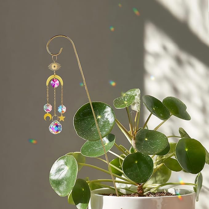 HDCRYSTALGIFTS 6 Pack Small Trellis for Potted Plants Indoor with Colorful Crystal Sun Catcher, 13.5'' Metal Plant Stake Suncatchers for Mini Potted Plant Decoration for Home Window Garden