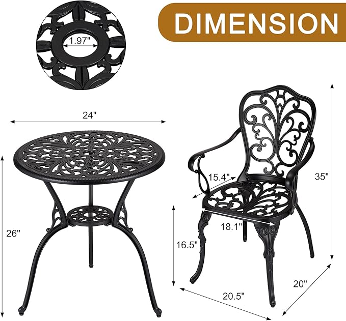 3 Piece Bistro Set, Outdoor Bistro Table and Chairs Set of 2, Rust-Resistant Cast Aluminum All Weather Patio Outdoor Bistro Set with Umbrella Hole for Backyard, Balcony, Front Porch, Black