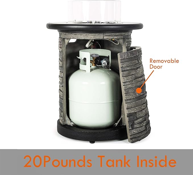 Outdoor Propane Fire Pit Table, Round Porcelain Tile Top 22" Fire Bowl Column W/ 40,000 BTU Firepit Table Auto-Ignition 400D Cover Glass Rocks for Outside Patio