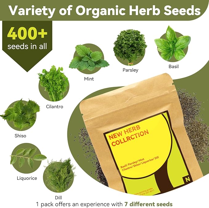 Gourmet Herb Seed Pods for AeroGarden, Ahopegarden, iDOO Hydroponics Growing System Indoor, 400+ Seeds, Germination Kits Include Basil, Cilantro, Dill, Parsley, Mint, Shiso, Liquorice(7-Pods)