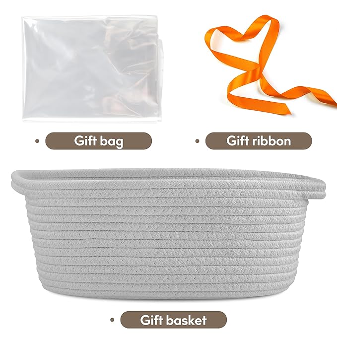 Pro Goleem Small Woven Basket with Gift Bags and Ribbons Durable Baskets for Gifts Empty Small Rope Basket for Storage 12"X 8" X 5" Baby Toy Basket with Handles, Gray