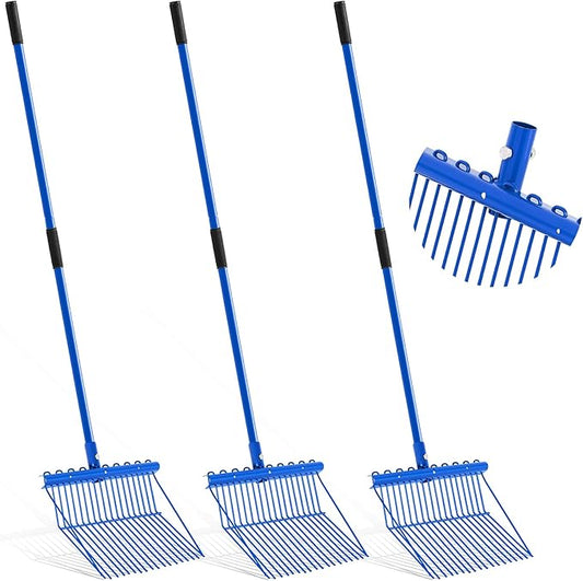Lasnten 3 Sets Metal Manure Fork with Long Metal Handle Pitch Fork Manure Rake Heavy Duty Muck Rake for Gardening Horse Stall Stable Grass Hay Cleaning Farm Work (Blue)