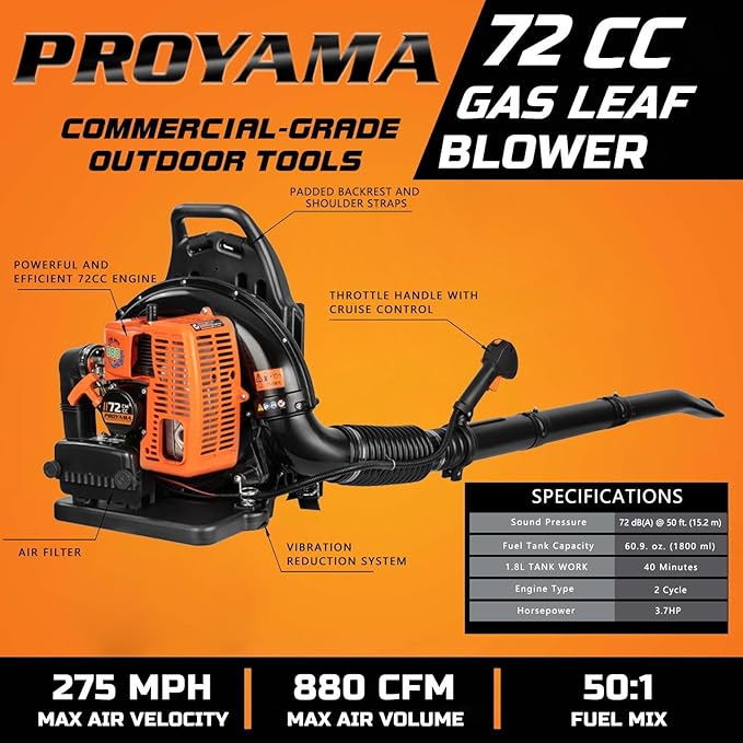 PROYAMA 72CC Gas Backpack Leaf Blower, 2-Cycle 880CFM 275MPH Gas Powered Engine, 2 in 1 Nozzle Low Vibration and Ergonomic Design with Cruise Control for Outdoor GardenYard Cleaning and Snow Removal