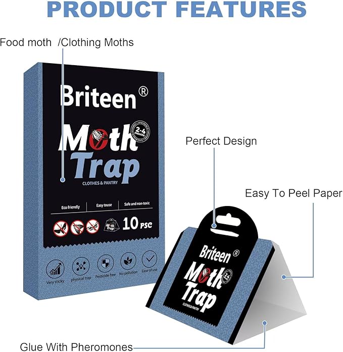 10 Pack Pantry Moth Traps Safe and Effective for Food and Clothing- Glue Traps with Pheromones for Wool Closet Carpet Food and Cupboard