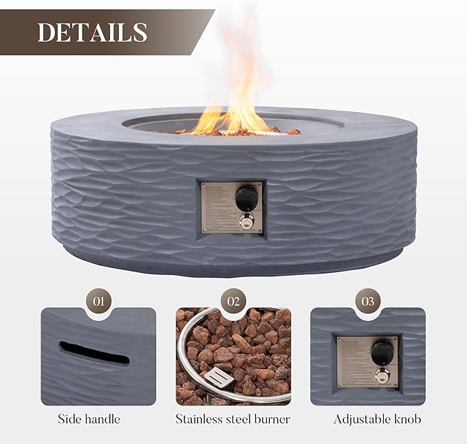 Cosiest Propane Fire Pit with Tank Cover for Outside, 35 in Round Gas Fire Pits for Outdoor Patio, CSA Certified, 50000 BTU Concrete Rectangle Base with Rain Cover, Free Lava Rocks