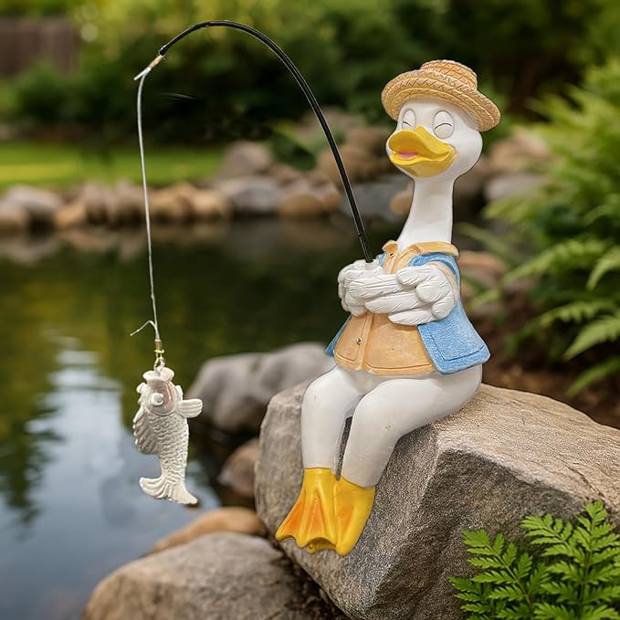 Duck Fishing Statue Garden Decor – 9.8" Weatherproof Resin Duck Fishing Sculpture Decor for Fish Ponds, Koi Ponds, Waterfalls, Poolside & Outdoor Gardens– Resin Figurine for Indoor & Outdoor Décor