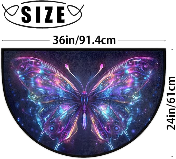 cfpolar Non-Slip Soft Half Round Door Mat, Glowing Purple Butterfly Semicircle Mat for Indoor Entrance Garage Bath Living Room Patio 24 x 36 in