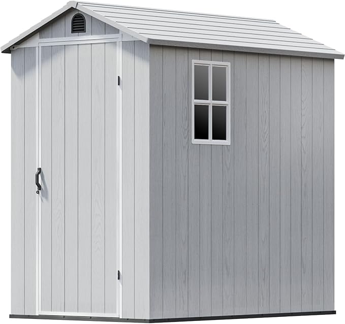 Patiowell 4 x 6 Resin Storage Shed, Outdoor Plastic Garden Shed with Lockable Door & Window, Easy Assembly Tool Shed for Backyard, Light Gray