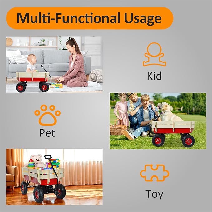 176 lb Kids Wagon Cart, 85L Large Capacity Durable Outdoor Tool Cart, Heavy Duty Cargo Wagon, Steel and Wooden Side with 10 Inch Inflatable Wheels, for Kids, Toys, Sport, Shopping (Red)