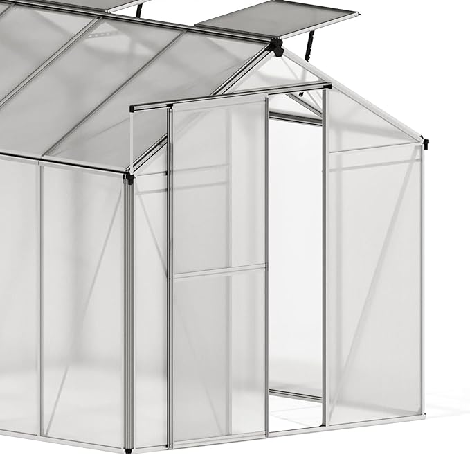 Greenhouse Jasmin 4 Aluminum Frame - 6.3 x 8.4 ft Approx. 6 mm Polycarbonate Panels - Bonus Base Frame and Automatic Vent Opener