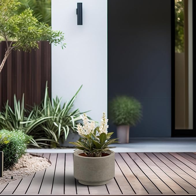 Kante 9.8 Inch Dia Concrete Planter, Round Pedestal Design Garden Pot for Indoor Outdoor Plants, Modern Flower Pot with Drainage Hole, Weathered Concrete Finish with Warm Brown Interior