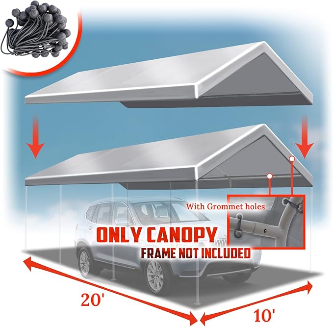 YardGrow 10x20 FT Carport Replacement Canopy Cover Garage Shelter Outdoor Carport Canopy Top Tent Shelter Tarp, Canopy ONLY (Silver)