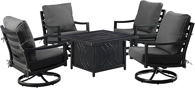 Oakland Living Black Aluminum Patio Fire Table Set with Four Club Chairs with Black Cushions