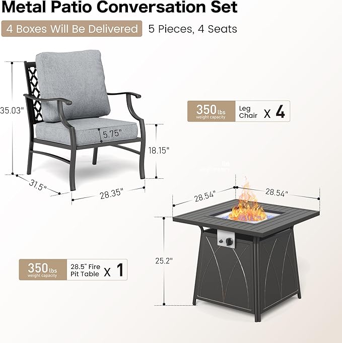 5 Piece Metal Outdoor Patio Furniture Set with Fire Pit Table, Patio Conversation Sets 4 Fixed Chairs with 5.75" Thick Cushion and 5000 BTU Fire Pit Table, Backyard Furniture, Gray
