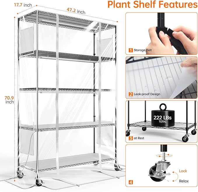 Indoor Greenhouse with Grow Light, Tall Plant Stand with 4 Pack Full Spectrum Plant Lights, 3 Color Modes, Plant Shelf with Tent for Indoor Plant, Seed Starting, Seed Tray, 47.2"x17.8"x70.9"