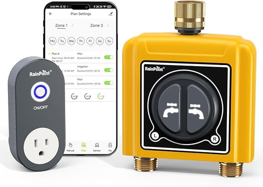 RAINPOINT WiFi Water Timer with Brass Inlet & Outlet，2 Zone WiFi Hose Timer for Lawn,WiFi Sprinkler Controller via APP/Voice Control,Automatic Watering System by Time/Weather/Quantity/Soil Moisture