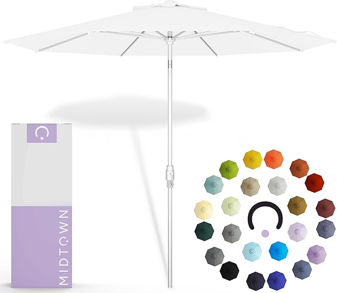 Midtown Umbrellas The Swilt 8 Feet Patio Umbrella in Terylast Ivory (White) Polyester Fabric - Fiberglass Ribs, Auto-Tilt Aluminum Frame For Backyard, Deck, Garden, Pool - White Pole