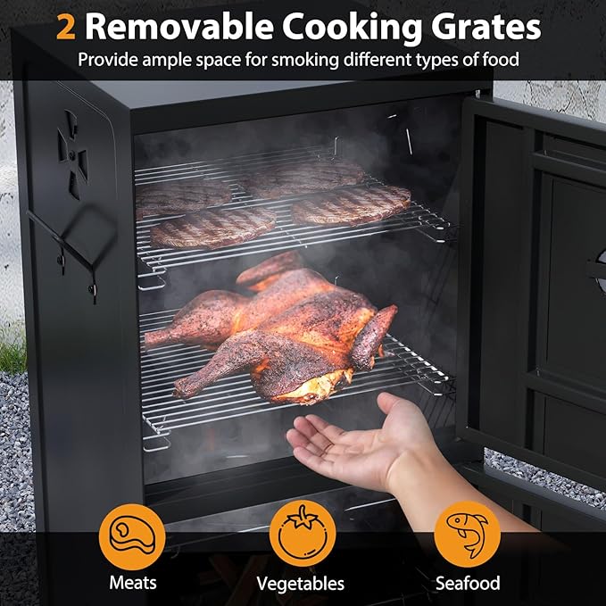 Charcoal Smoker Outdoor, Vertical BBQ Smoker with Thermostat, 2 Access Doors, 2 Cooking Grates, 2 Removable Pans & 4 Air Vents, Meat Smokers Grill for Parties, Barbecues and Backyard