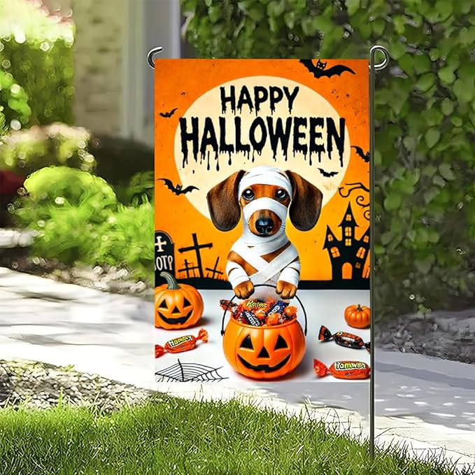 Halloween Garden Flag 11.81 x 17.72 Inch Dachshund Dog in Mummy Costume with Pumpkin Candy Bucket Full Moon and Bats Outdoor Yard Decoration for Holiday Party