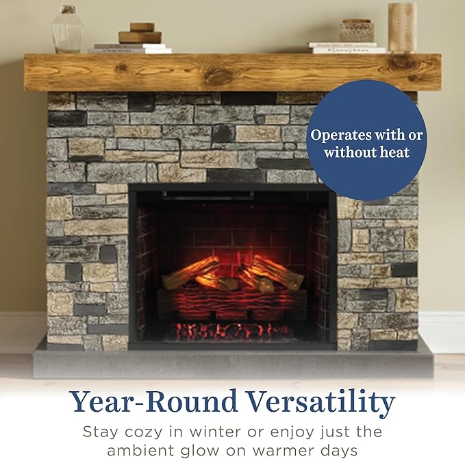 Country Living - Dixson Fireplace Mantel Package, 28” Fireplace Insert, Stone Brick Mantel Surround, Alexa/WiFi Enabled, 1500W