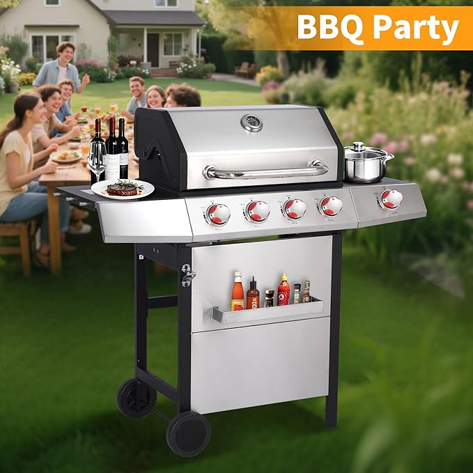 4 Burner Propane Gas Grill Combo w/Side Burner, 3-in-1 BBQ Grill with Charcoal Smoker & Griddle Plate, 46,750 BTU, 448 Sq.In. Stainless Steel Outdoor Cooking Station