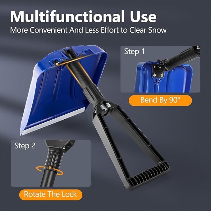 SHANTRA Folding Snow Shovel with Aluminum Edge, D-Grip Portable Shovel for Snow Removal, Lightweight Emergency Snow Shovel, Multifunctional Collapsible Shovel, Shovel For Car Driveway, Garden, Camping