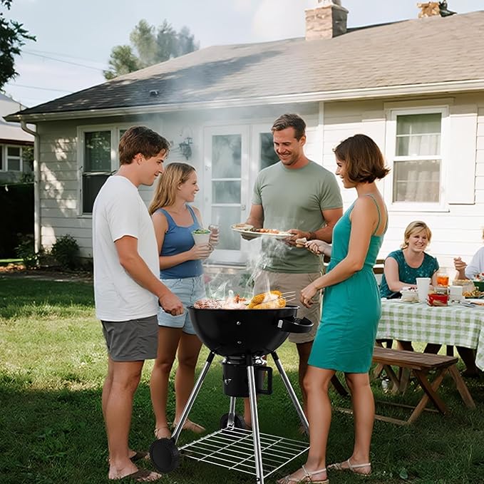 18.5-Inch Portable Charcoal Grill, Heavy Duty Kettle BBQ Smoker with Built-in Thermometer & Removable Water-Rinsable Ash Catcher for Outdoor Camping, Patio, Backyard, and Tailgating