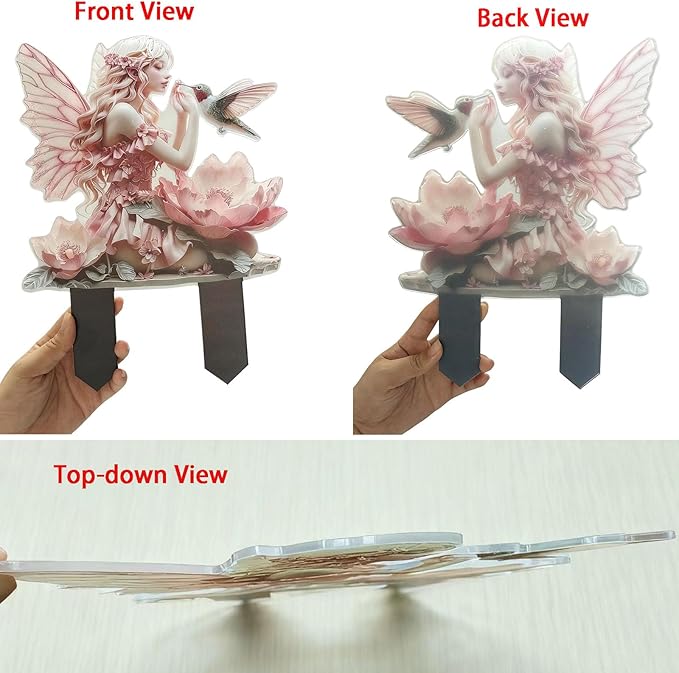 Fairy Garden Stake Decor, 2D Flat Acrylic Fairy Garden Decor Panel, Elf Yard Sign for Outdoor Indoor Yard Lawn Plants Pots, Fairy Yard Accessories (Fairy and Hummingbird)