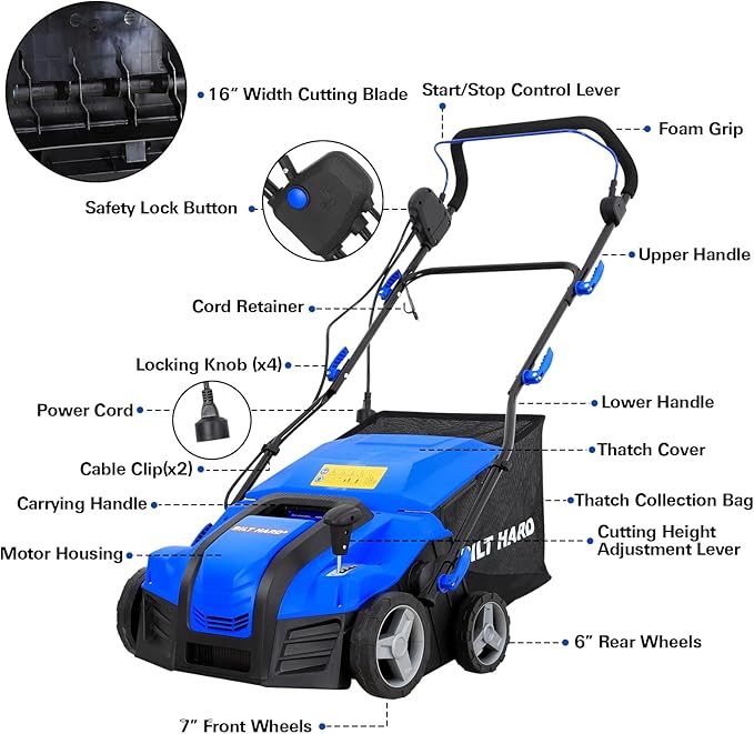 BILT HARD 16 Inch Dethatcher Scarifier Electric Powered, 15 Amp Copper Motor, 5-Position Depth Adjustment, 14.5 gal Thatch Bag, 2 in 1 Walk Behind Thatch Removing Machine for Lawn