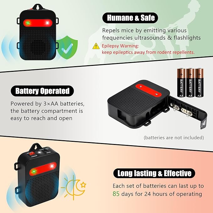 Under Hood Rodent Repeller Ultrasonic Mouse Repellent Battery Operated Pest Repeller Rat Mice Deterrent Rodent Repellent for Car Engine Garage RV Basement Attic 2 Pack Humane