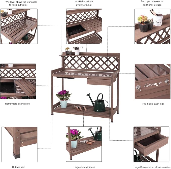 GUTINNEEN Potting Bench with PVC Layer, Sink, Lid, Gardening Work Bench Wooden Planting Table Outdoor with Storage, Drawer, Shelf, Hook