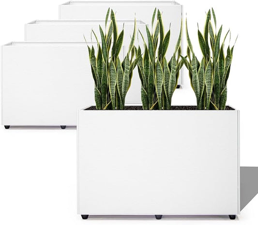4 Pack Planter Box Rectangular Block - 24×16×12IN Galvanized Steel Long Box Planter Easy Installation Modern Outdoor Tall Planters All-Weather Use with Drainage Holes for Patio/Porch(White)