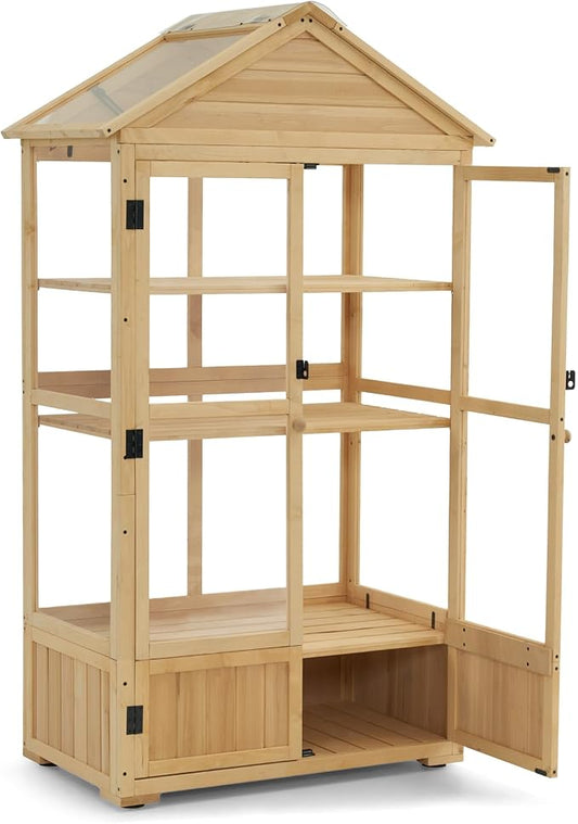 Macrout 3-Tier Solid Wood Cold Frame Greenhouse Cabinet Adjustable Shelves, Dual-Use Insulated Shed for Outdoor Garden & Indoor Balcony Planting, 0847