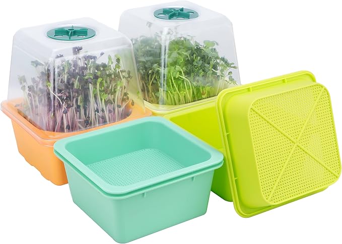 Microgreen Growing Trays, LUVCSOY Sprouting Tray with Humidity Dome, 1.2 mm Small Mesh Holes, BPA Free, Sprouter Kit for Growing Mirco Seeds, Like Broccoli, Alfalfa, Radish, Clover - 4 Pack | Colorful
