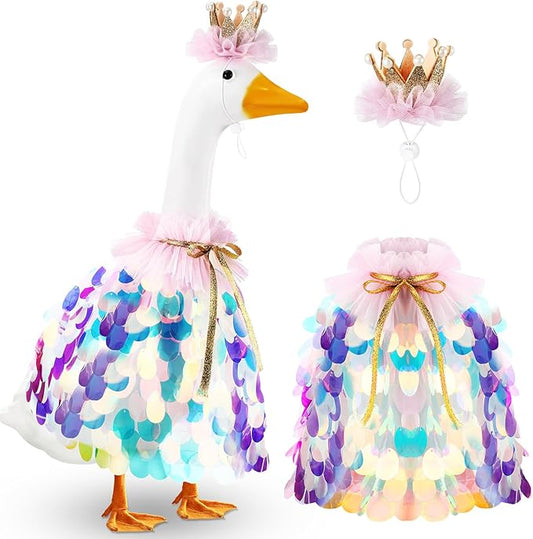 Princess Porch Goose Outfit Halloween Porch Goose Outfit Sparkly Rainbow Sequin Cape for 17" 23" Lawn Garden Yard Geese(Blue)