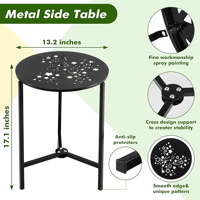 1 Pack 13" Metal Outdoor Side Tables Small Black Outside End Table for Patio Round Accent Corner Stand for Small Spaces Weather-Resistant Coffee Table for Balcony Porch Plant Stand, Starlight Pattern