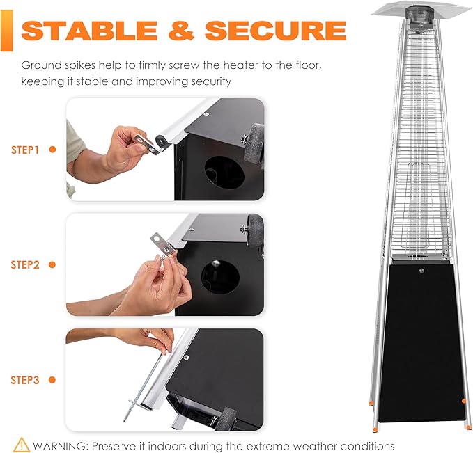 Nuu Garden 48,000 BTU Pyramid Patio Heater, Outdoor Propane with Quartz Glass Tube and Wheels, Hammered Bronze Tower for Terrace and Garden, Black