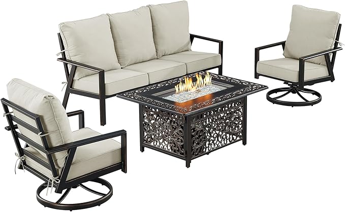 Oakland Living Black Aluminum Patio Fire Table Set with Deep Seating Sofa with Cushion and Two Club Chairs with Light Grey Cushions