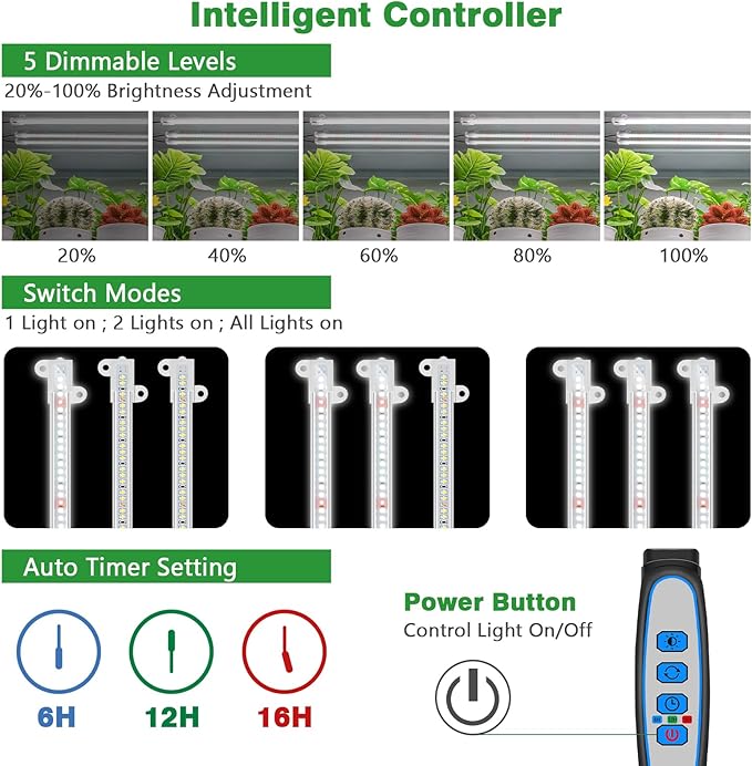 Wiaxulay LED Plant Grow Light Strips, 6000K White Grow Lights for Indoor Plants Full Spectrum, 3 Bars/16 in Grow Lamp with 6/12/16 Hrs Timer, 5 Brightness for Green House, Hydroponics, Seed Starting