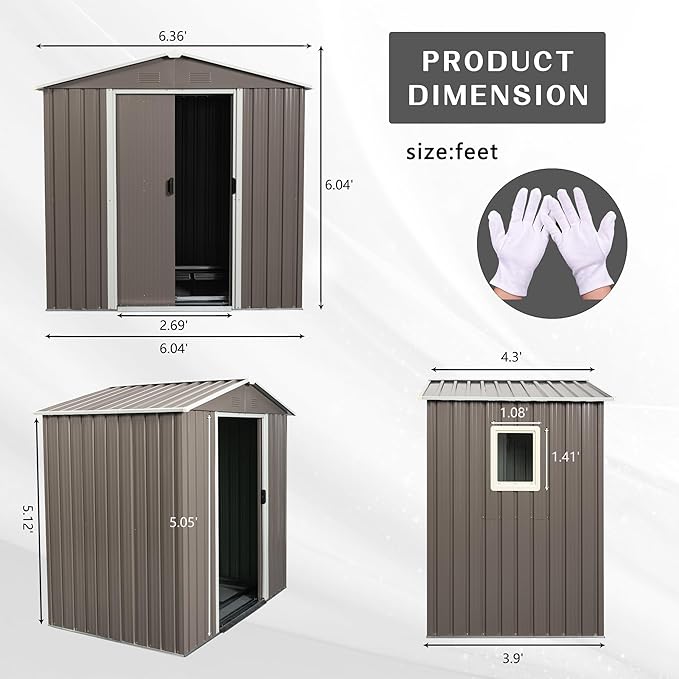 6x5 FT Outdoor Storage Shed, Metal Garden Shed with Frame Floor, Outside Tool Shed with Window, Waterproof Storage Building with Lockable Sliding Doors & Sloped Roof for Backyard, Patio, Warm Gray