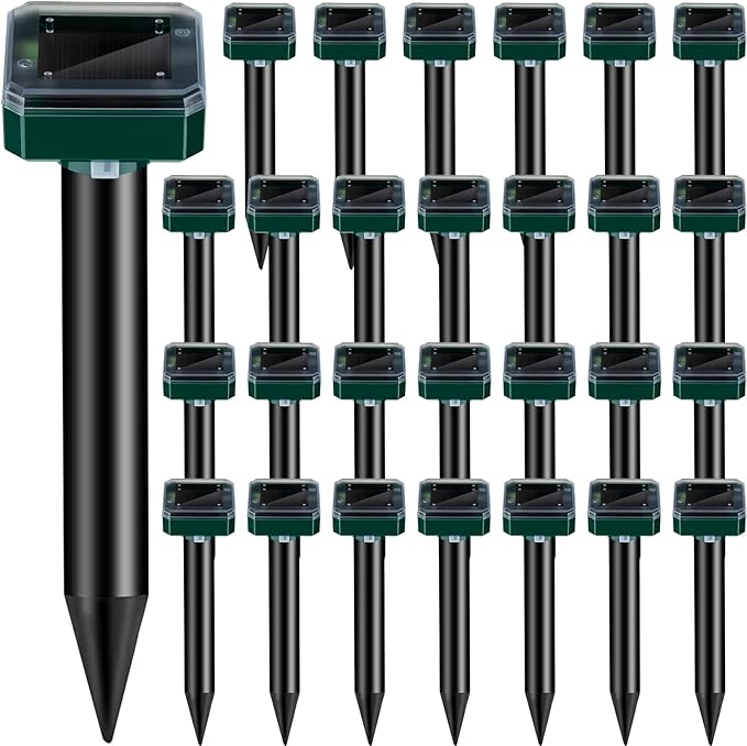 28 Pieces Solar Mole Repellent Ultrasonic Outdoor Gopher Deterrent Spikes for Garden Yard Lawn Waterproof Solar Powered Repeller for Groundhogs, Voles, Snakes and Other Burrowing Animals (Square)
