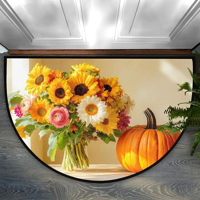 cfpolar Fall Non-Slip Soft Half Round Door Mat, Pumpkin Sunflower Semicircle Mat for Indoor Entrance Garage Bath Living Room Patio 24 x 36 in
