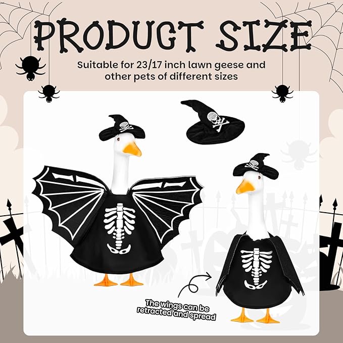 Halloween Bat Porch Goose Outfits 23inch Plastic Cement Skeleton Goose Statue Costume, Fall Lawn Geese Sculpture Clothes for Garden Yard Patio Party Decoration